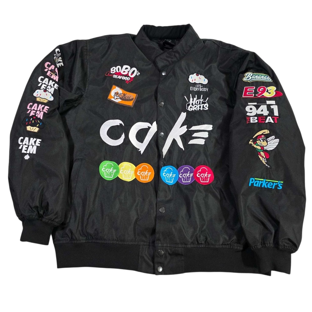 NWOT ItsCAKE Bomber Race Car‎ Jacket "Hot Grits" Graphic Print Black 4XL* Y2K
